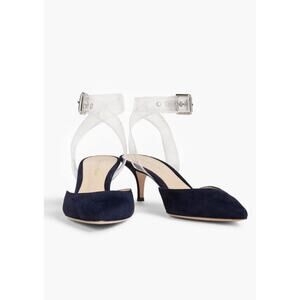 GIANVITO ROSSI Blue Suede Glyn Kitten Heels PVC Ankle Strap Pumps Size 36.5